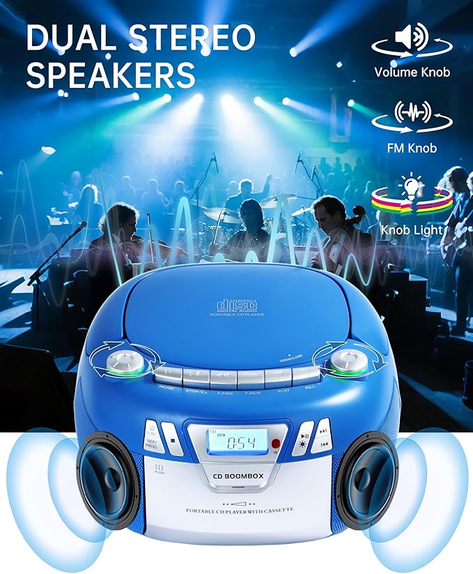 Boombox CD Player with Bluetooth and Cassette Player | Portable AM/FM Radio, MP3/USB/AUX Input, Stereo Sound System with Recorder, AC & Battery Powered for Home & Outdoor