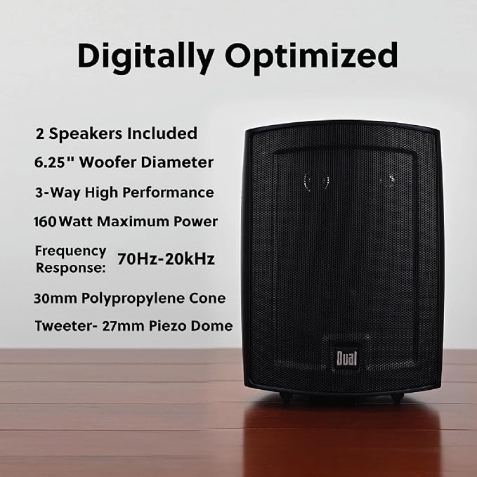 Dual Electronics LU63PB 6.5" 3-Way High Performance Outdoor Indoor Wired Speakers | Effortless Set Up | Home, Pool, Patio, Garage Use | Weather Resistant | Expansive Stereo Sound Coverage | Black