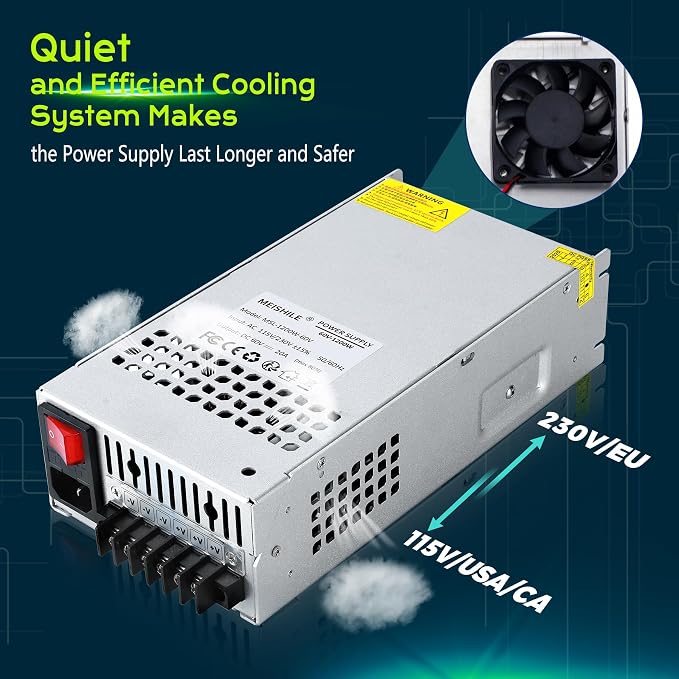 MEISHILE 60V 20A 1200W Switching Power Supply Adapter AC to DC Transformer Converter for LED Driver Strip Light Lamp, Machine, 120V 110V to 60Volt 5A 8A 10A 15A 16Amp
