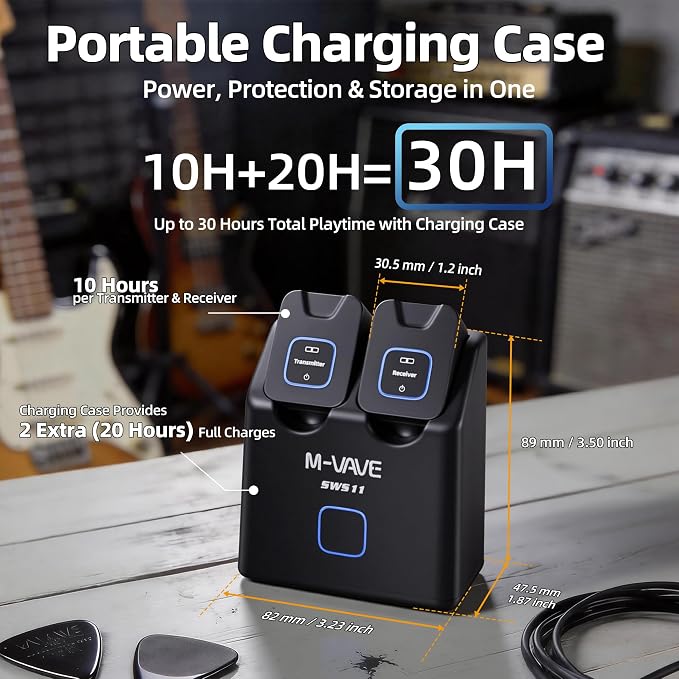 Wireless Guitar System 5.8GHz Digital Transmitter Receiver, 24bit/48kHz Audio, ＜4.6ms Low Latency, 6 Channels, 30m Outdoor Range, 30H Playtime with Charging Case for Electric Instruments