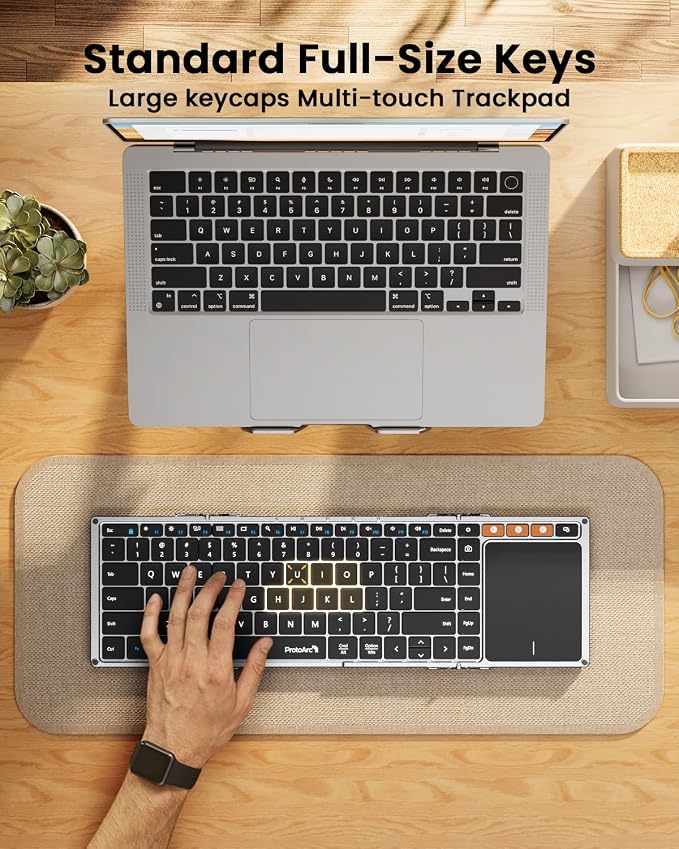 ProtoArc Foldable Keyboard with Touchpad, XK01 TP Folding Portable Keyboard, Full Size Keys, Large Trackpad Bluetooth Travel Keyboards for Laptop PC Tablet - Silver