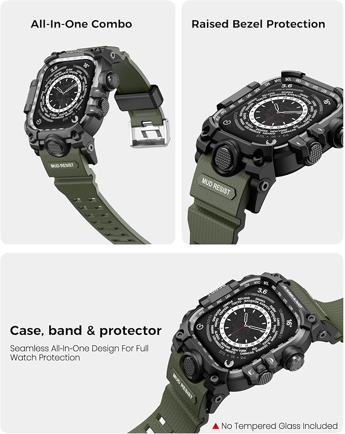 amBand Rugged Case with Band for Apple Watch 45mm, Compatible with Apple Watch (iWatch) Series 9/8/7, Military Grade Shockproof Bumper Cover, Tactical Band for Men, Army Green