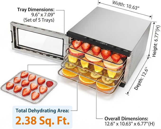 Food Dehydrator Machine - 5 Stainless Steel Trays, Digital Adjustable Timer, 400W, 176°F, Temperature Control, Mini Dryer for Jerky, Herb, Meat, Beef, Fruit and Dog Treats, Model 2015YJ, Silver