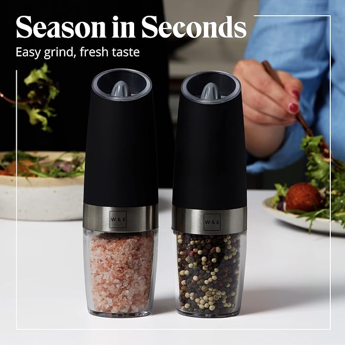 Willow & Everett Electric Salt and Pepper Grinder Set - 2 Battery-Operated, Automatic Salt and Pepper Shakers - Black and Stainless Steel Gravity Electric Salt Grinder & Pepper Mill for Seasoning