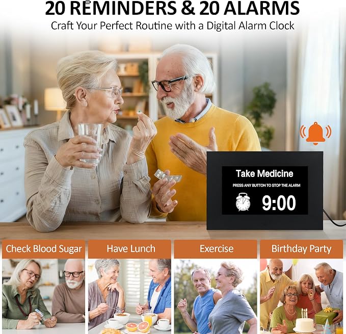 7" Digital Alarm Clock for Seniors, Dementia Clock with Day and Date for Elderly, Digital Calendar Day Clock with 20 Reminders & 20 Alarms, Auto-DST