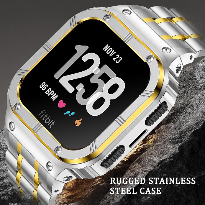 BAITEYOU Stainless Steel Watch Band with Case Compatible for Fitbit Versa/Fitbit Sense Bands, Rugged Protective Bumper Metal Wristbands for Men Women