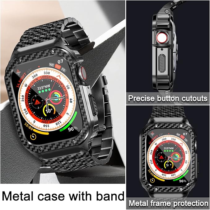 MioHHR Stainless Steel Band and Case Compatible with Apple Watch Band 45mm, Men Metal Protective Bumper Cover for iWatch Series 9/8/7, Black Pattern