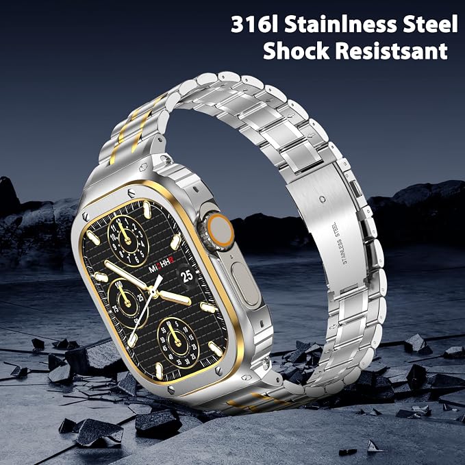 MioHHR Stainless Steel Watch Band with Case Compatible with Apple Watch Ultra3 2 1(49mm),Rugged Strap with Metal Protective Bumper Cover for iWatch Band Men(Silver/Gold)
