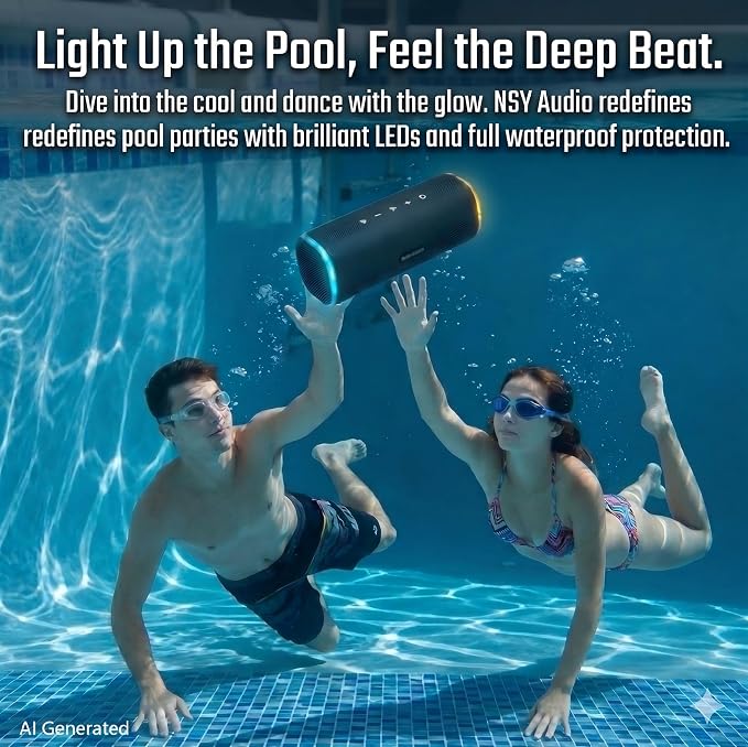 40W Bluetooth Shower Speaker, IPX7 Waterproof Pool Speaker | Interactive Tap-to-Play Drum Beats, 25H Playtime, LED Lights, Built-in Mic for Hands-Free Calls in Bathroom, Blue