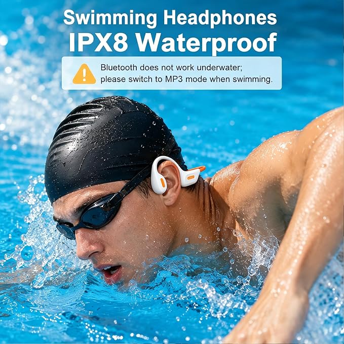 Swimming Headphones Underwater, Bone Conduction Swimming Headphones IPX8 Waterproof Open Ear Headphones with 32GB Built-in MP3, Bluetooth 6.0 Dual Mode, Dual Device Pairing, Magnetic Charging(Beige
