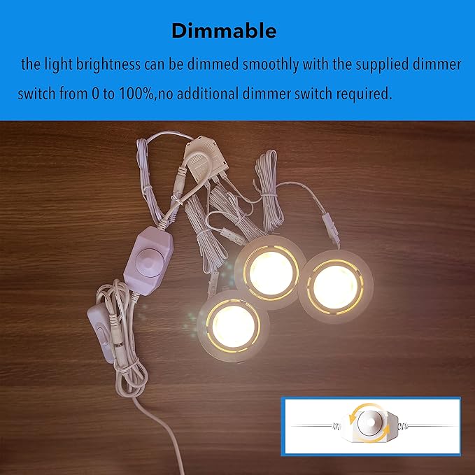LED Puck Lights Wired Under Cabinet Lighting Dimmable,Round Cabinet Lights Plug In for Bookshelf,Kitchen Counter,Display Case,Curio,Ceiling,6000K Cold White,2.5In Hole Recess Mount,6W,480LM Total,3pcs