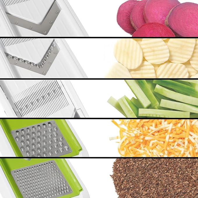 Starfrit Cubing Pro Mandoline Slicer, Dicer - 4 Blades & Graters with Storage Box - Straight & Crinkle V-Blades, Fine & Coarse Graters - 10 Thickness Settings, 3 Julienne Sizes - Self-Feeding Pusher