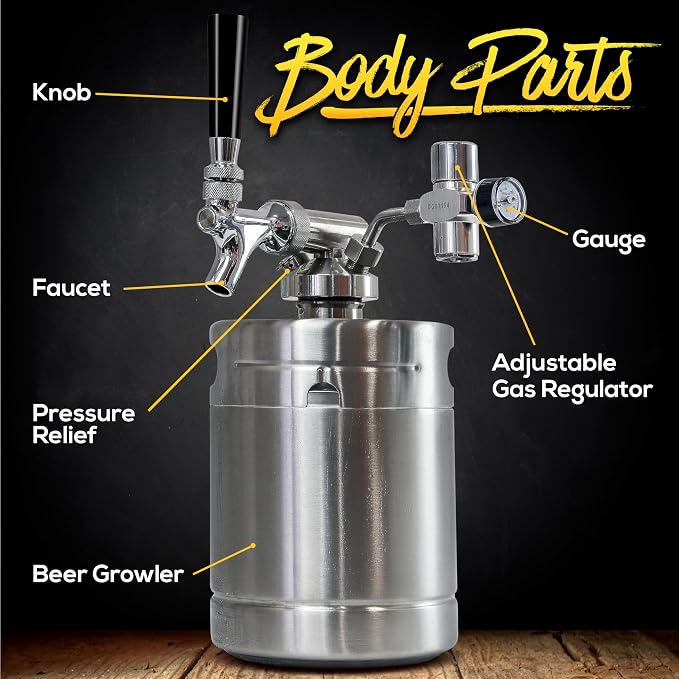 NutriChef Pressurized Beer Mini Keg System, 64oz Stainless Steel Growler Tap, Portable Mini Keg Dispenser Kegerator Kit, Co2 Pressure Regulator Keeps Carbonation for Craft Beer, Draft and Homebrew
