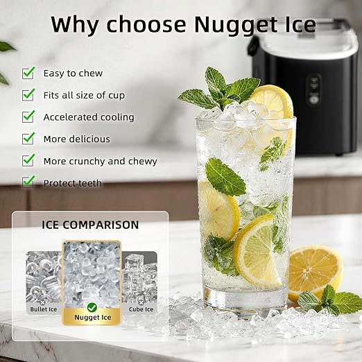 Nugget Countertop Ice Maker with Soft Chewable Ice, 34Lbs/24H, Pebble Portable Ice Machine with Ice Scoop, Self-Cleaning, One-Click Operation, for Kitchen,Office Stainless Steel Black
