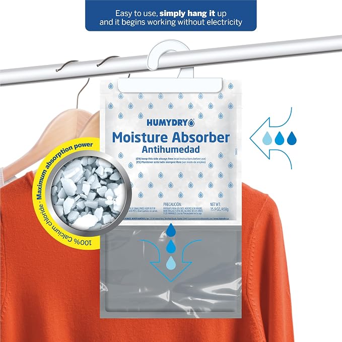 HUMYDRY Hanging Moisture Absorber for Closets, Pack of 6 Unscented 15.9 Oz Dehumidifier Bags, Each Bag Lasts 3 Months, Fights Summer Humidity, Non Electric for Wardrobes & Storage