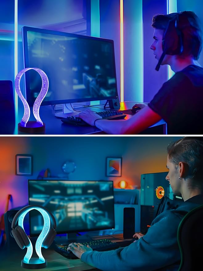 YuanDian RGB Headphone Stand, 16 Colors LED Lighting with Remote Control, Base with USB & Type-C Charging Port, Dimmable & Timer, Gaming Accessories Gift forGamers Men Boy & Music Lovers
