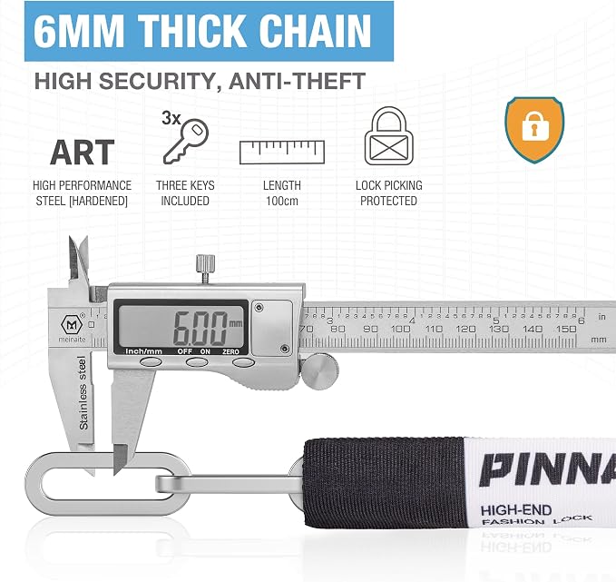 3.28ft Bike Lock - Bicycle Chain Lock Star Rating from Art - Heavy Duty Cable Locks with Keys for E-Bike, Motorcycle, Scooter, Bicycle, Door, Gate