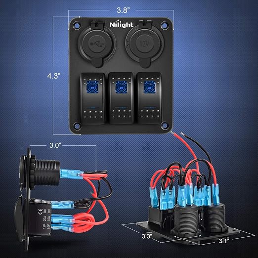Nilight - 90115C 3 Gang Rocker Switch Panel Waterproof Pre-Wired Aluminum Switch Panel with Dual USB Charger Socket & Cigarette Lighter Socket 12V 24VDC ON Off Switch Panel for Cars Rvs Trucks
