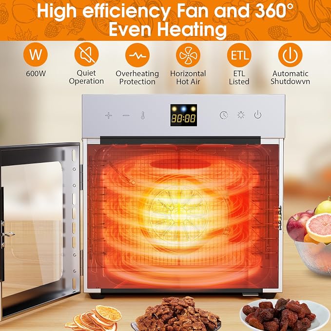 Dehydrators for Jerky, 8 Stainless Steel Trays, 600W Fruit Dehydrator, 24H Timer and 190°F Temperature Control, Overheat Protection, Food Dryer for Jerky, Herbs, Fruit, Dog Treats
