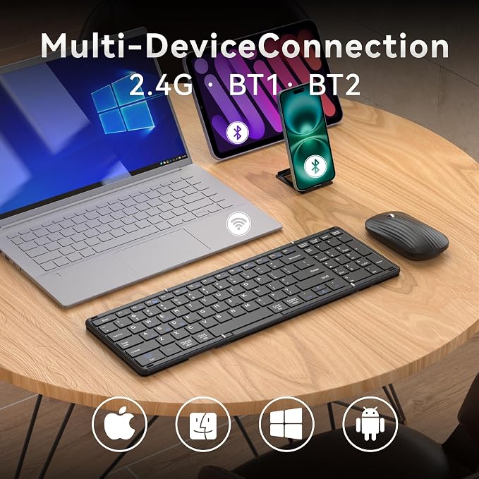 Gurjot Foldable Keyboard and Mouse, Folding Bluetooth Keyboard Combo, 2.4G + BT5.1, Full-Sized Portable Rechargeable Keyboard & Wireless Keyboard Mouse Set for Windows Android Mac iOS Business Travel