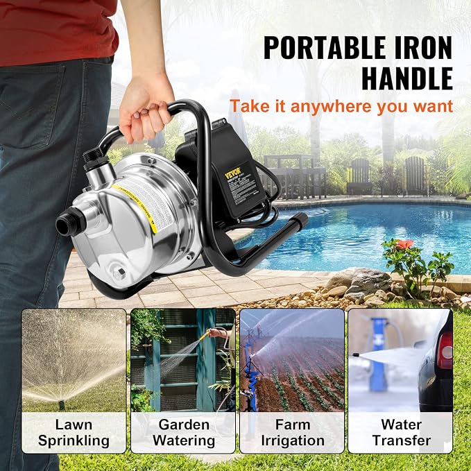 VEVOR Shallow Well Pump,Garden Jet Pump, 1.5 HP 115V, 1200 GPH 164 ft Height, Stainless Steel Sprinkler Booster Jet Pumps for Garden Lawn Irrigation system, Lake Fountain, Water Transfer