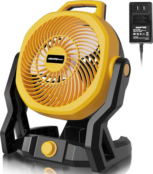 HEINPRO Portable Fan Battery Powered, Compatible with Dewalt 20V Max Battery, 650CFM Camping Travel Fan with Variable Speed, Silent Low Noise, for Workshop Garage Jobsite Use, AC Adapter Included