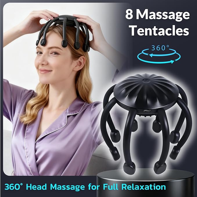 Electric Scalp Massager, 360° Octopus Head Massager Automatic 4 Modes Scalp Stress Relax Device-8 Heads
