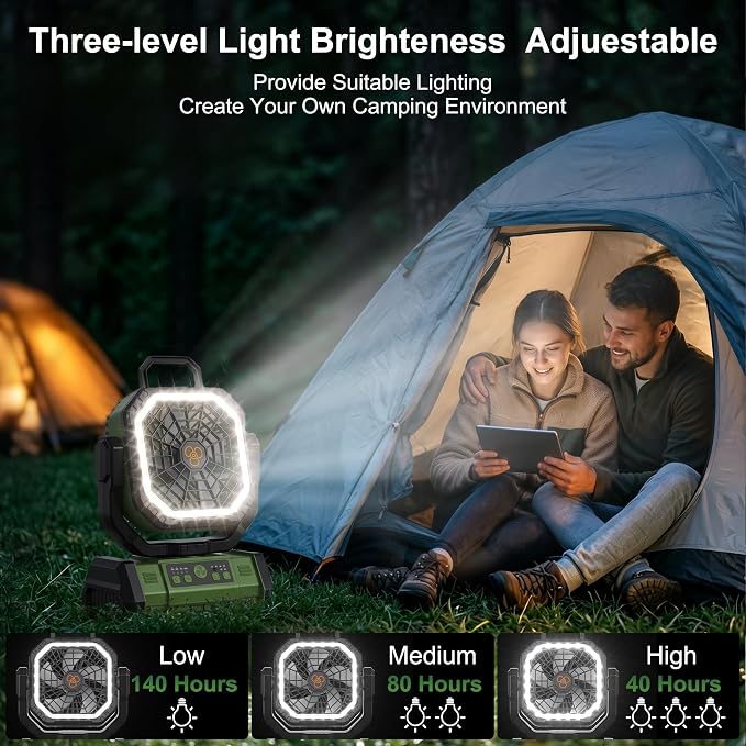 Portable Rechargeable Fan 20000mAh, Battery Powered Camping Fan with LED Light& Remote,Cordless,4 Speeds Wind,Timer for Tent,Travel,Rv Camping Essentials (Green)