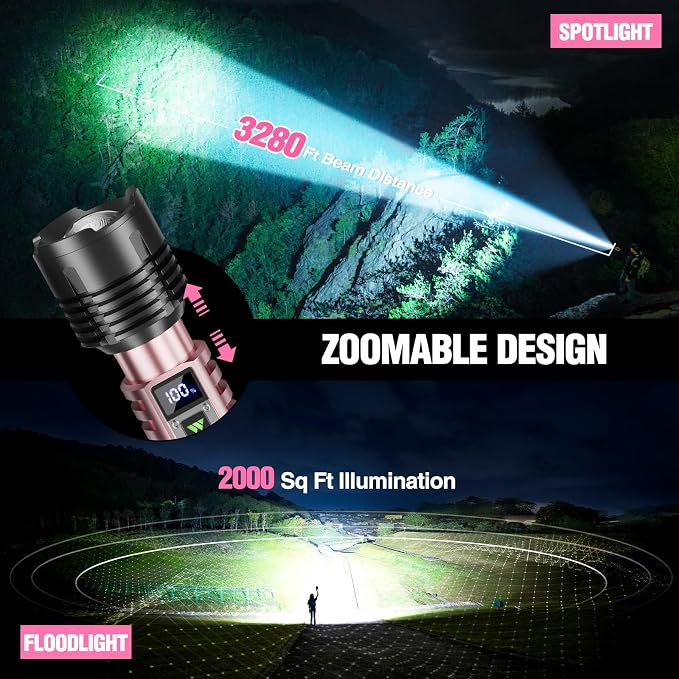 WdtPro Rechargeable LED Flashlights High Lumens, Super Bright 90000LM Rechargeable Flashlight with LCD Display, 5 Modes & Waterproof Powerful 10000mAh Handheld Flashlight for Camping Emergency Pink