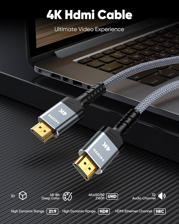 Highwings 4K HDMI Cable 5FT/1.5m - 4K@60Hz HDR Braided HDMI Cord, 18Gbps High Speed with Ethernet/ARC, 3D, HDCP 2.2, ARC, Compatible for PS-5/4/3/4K HDTV/Monitor/Projector/Streaming Media
