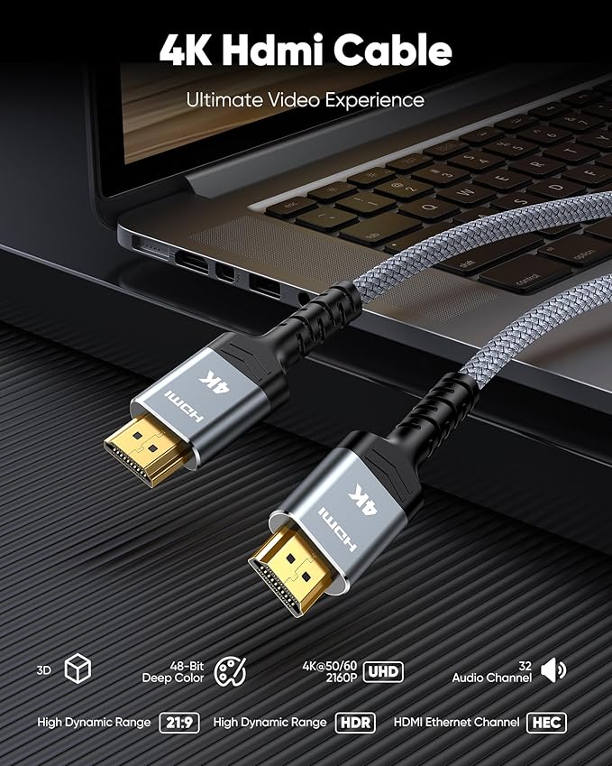 Highwings 4K HDMI Cable 23FT - 4K@60Hz HDR Braided HDMI Cord, 18Gbps High Speed with Ethernet/ARC, 3D, HDCP 2.2, ARC, Compatible for PS-5/4/3/4K HDTV/Monitor/Projector/Streaming Media