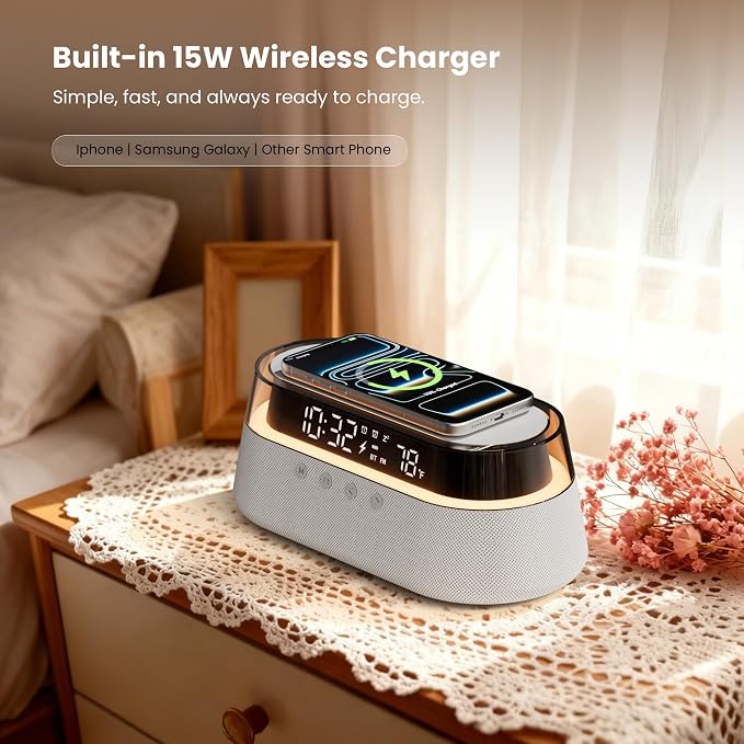 6-in-1 Bluetooth Speaker Alarm Clock with Remote, 15W Fast Wireless Charger, FM Radio & Dimmable LED Night Light, Dual Digital Clock for Bedroom Home Office, Ideal Gifts for Him, Men Women