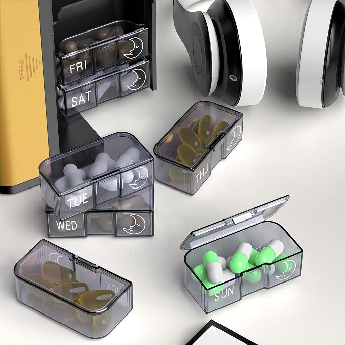 Pill Organizer 7 Day AM PM, Discreet 2 Times a Day Weekly Pill Box with Double Protection Shell, Large Capacity Portable Vitamin Case for Travel Meds & Medicine Organizer (Silver and Yellow)