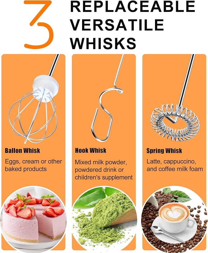 YUSWKO Rechargeable Milk Frother for Coffee with Stand, Handheld Drink Mixer with 3 Heads 3 Speeds Electric Stirrers for Latte, Cappuccino, Hot Chocolate, Egg