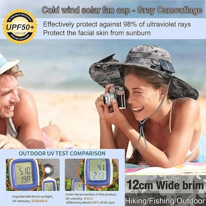 Outdoor Wide Brim Sun Hat with 2 Solar Powered Fan, Bucket Hat for Men Women, Fishing, Gardening & Beach Hat for Men