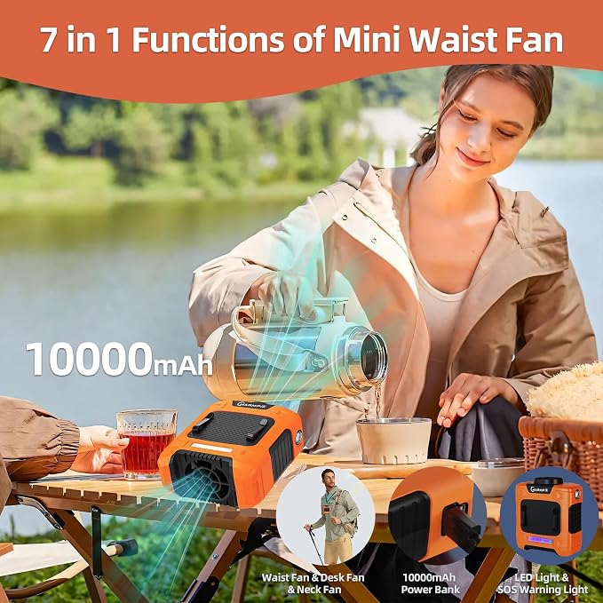 Waist Fan - 10000mAh Rechargeable, 24H Cooling, 16000RPM Strong Airflow, 3-Speed Portable Belt Fan with LED SOS & Red-blue Warning Light for Jobsite, Camping, Travel, Farming