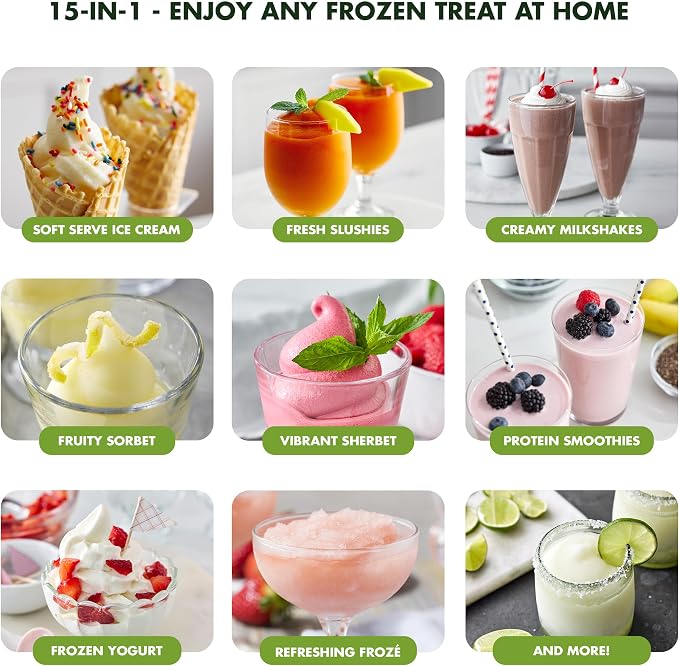 GreenPan Frost Ice Cream Maker & Slushie Machine, Mixing Bowl included, Soft Serve, Sorbet, Margaritas, Milkshakes, Frozen Yogurt, No Pre-Freezing, Ready in 15 Mins, 6 Modes, Self-Cleaning, Cream