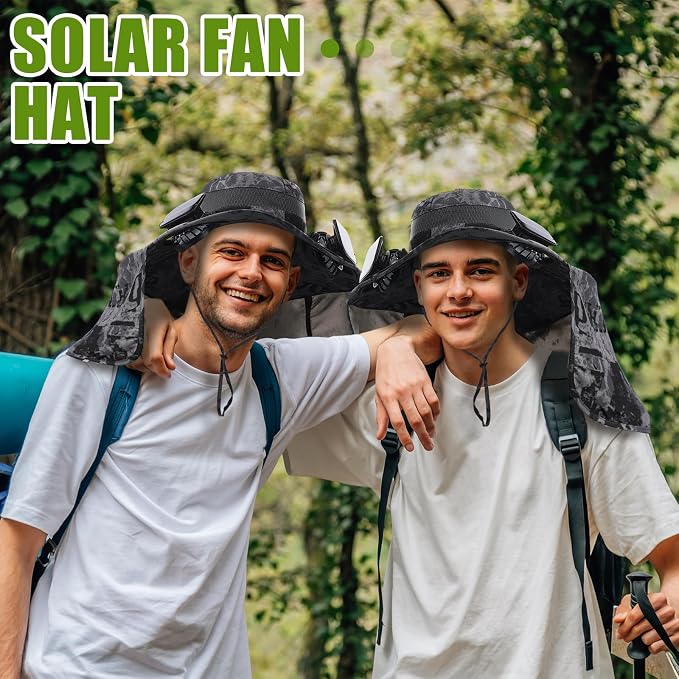Chuarry Wide Brim Sun Hat with 2 Solar Fans and Neck Flap Outdoor Solar Powered USB Charging Bucket Fishing Hat for Men Women