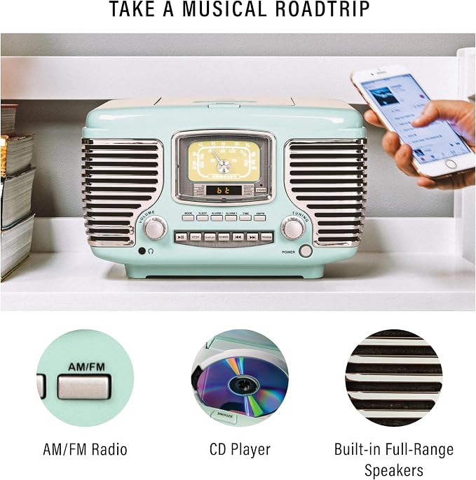 Crosley CR612B-AB Corsair Tabletop AM/FM Bluetooth Radio with CD Player and Dual Alarm Clock, Aqua Blue
