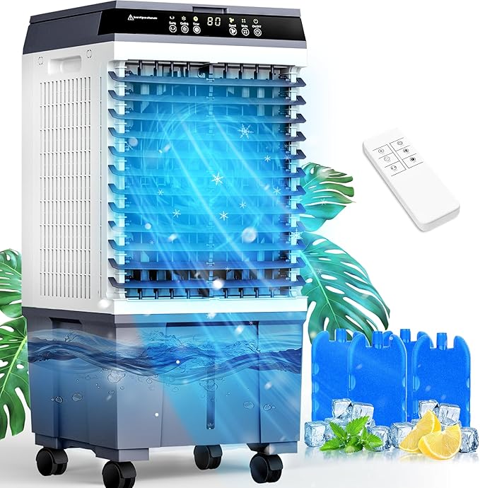Portable Evaporative Cooler, Swamp Cooler Air Conditioner 5 Gal Water Tank | 1700 CFM, 120° Oscillation, 3 Speeds&Modes,12H Timer, Remote&Touch, for Garage, Large Room, Dry Climate