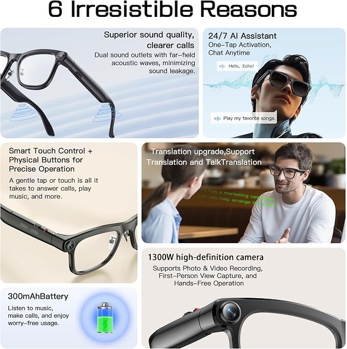AI Smart Glasses with 13MP Camera & Real-Time Translation,4K HD Video Recording for Vlogging, Voice Assistant, Open-Ear Audio, Photochromic Lenses for Business and Travel.