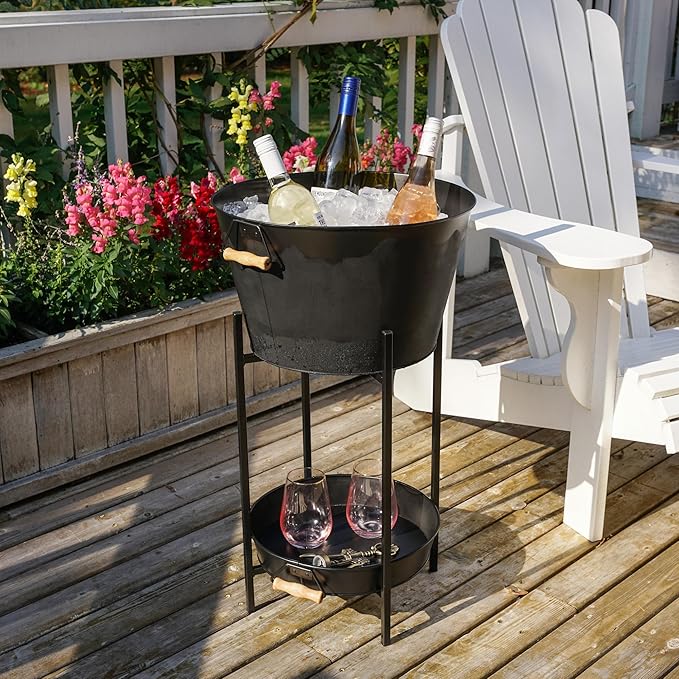 Twine Black Beverage Tub with Collapsible Stand, Large Metal Bucket and Tray, Ice Drink Buckets with Acacia Wood Handles for Parties, 3-Piece Set