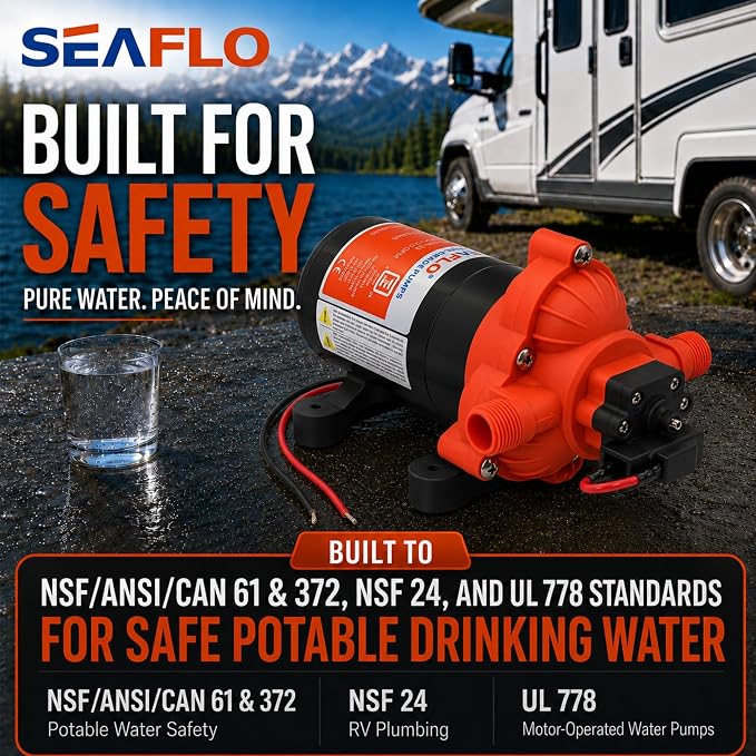 SEAFLO 33 series RV Water Pump - 12V, 3.0 GPM 45 PSI Diaphragm Pump, Self Priming On Demand Fresh Water Pump for RV Camper Boat Marine, Self Priming Pressure Pump, NSF UL 4-Year Warranty