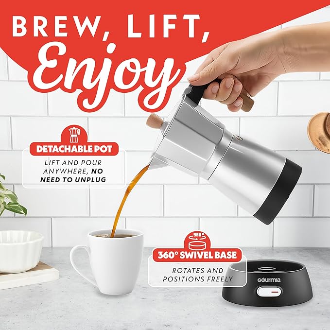 Gourmia Electric Moka Pot Espresso Maker – 6 Shot Italian-Style Coffee Brewer, 550W Detachable 360° Cordless Base, Food-Grade Aluminum, Beechwood Handle