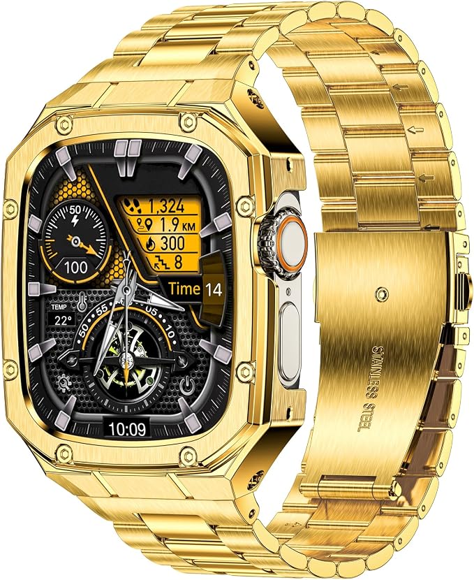 BAITEYOU Stainless Steel Watch Band with Case Compatible with Apple Watch Ultra 3 2 1 band (49mm), Rugged Strap with Metal Protective Bumper Cover for iWatch Bands Men (Gold)