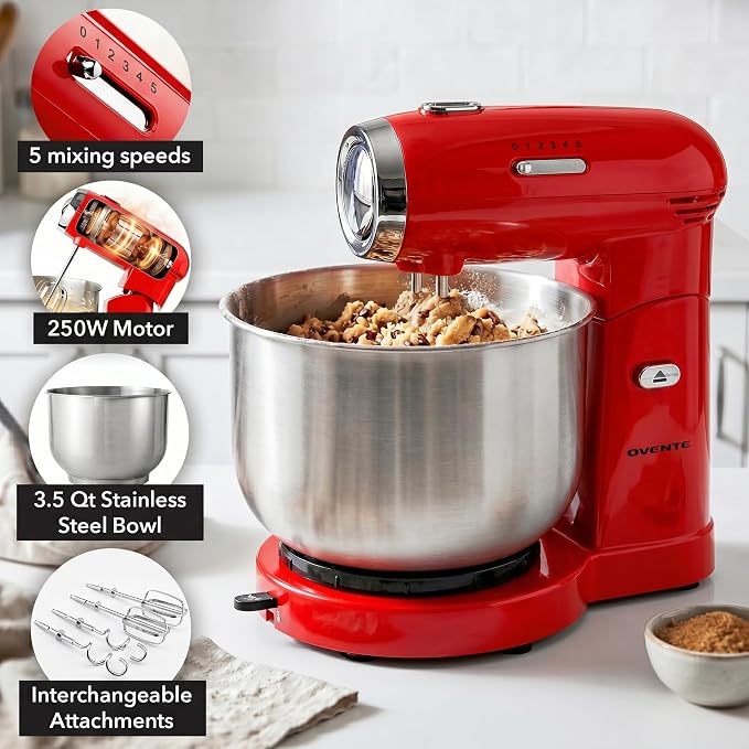 OVENTE Electric Stand Mixer with 3.5 Quarts Stainless Steel Mixing Bowl, 5 Speed Portable and Lightweight 250W Kitchen Mixer for Everyday Use, Includes 2 Egg Beater Whisk and Dough Hook, Red SM680R