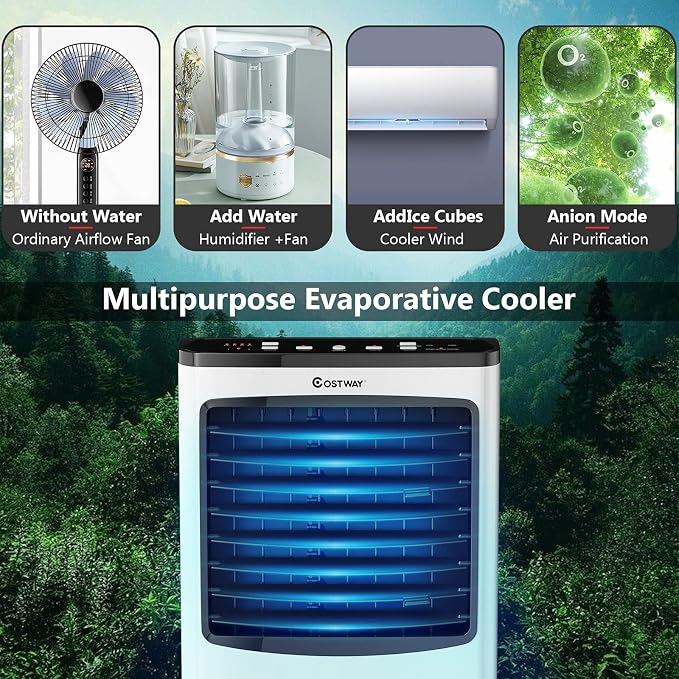 Rolling Evaporative Air Cooler, 3-in-1 Air Conditioner w/Fan & Humidifier, Portable Bladeless Quiet Electric Fan with Remote Control & Casters, 2 Ice Box & 8 Liter Water Tank for Home/Office