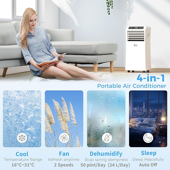HOMCOM 8000 BTU Portable Air Conditioner for Rooms Up to 344 Sq. Ft., 4-in-1 AC Unit with Cooling Fan, Dehumidifier, Sleep Mode, Remote Control, 24H Timer, Window Installation Kit, White