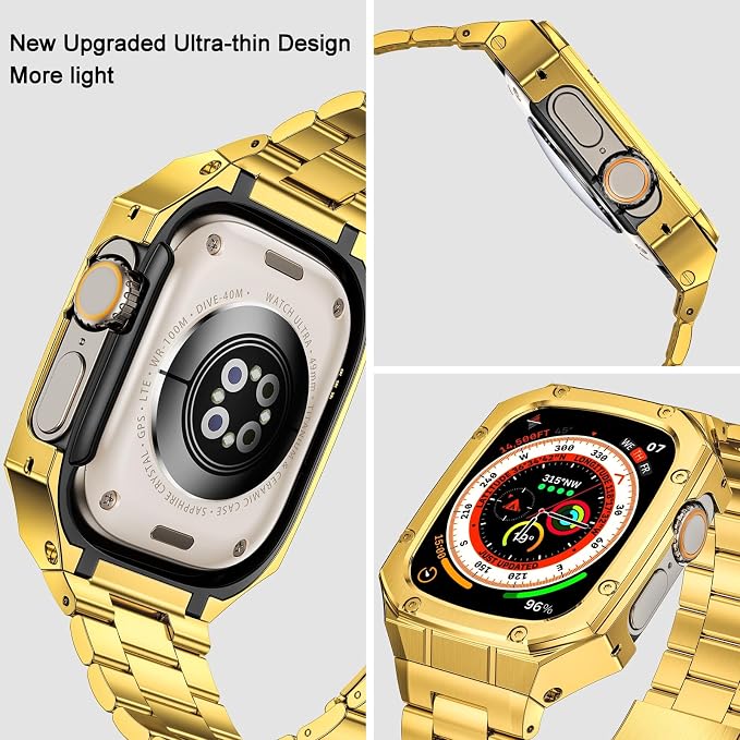 BAITEYOU Stainless Steel Watch Band with Case Compatible with Apple Watch Ultra 3 2 1 band (49mm), Rugged Strap with Metal Protective Bumper Cover for iWatch Bands Men (Gold)