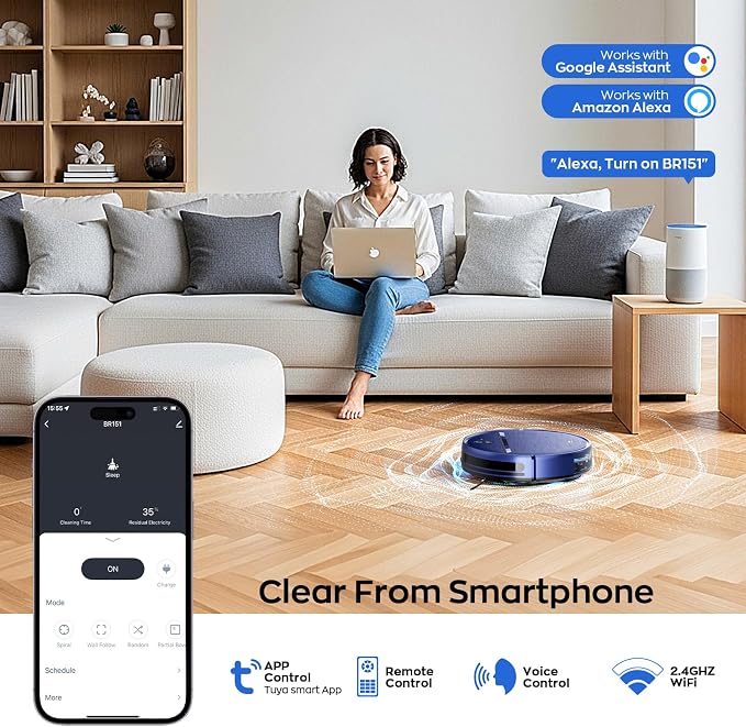 MANVN Robot Vacuum and Mop Combo for Pet Hair, Robotic Vacuum for Hard Floors and Carpets, 2.87'' Ultra-Slim, with 3D Obstacle Avoidance, Wi-Fi/App/Voice Controlled, Self-Charging